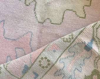 Vintage Oushak Rug 9x12, cute pink Area Rug Ivory Border, Handmade Wool Rug For Bedroom, Contemporary Turkish Rug 8x10 Rug for Living Room