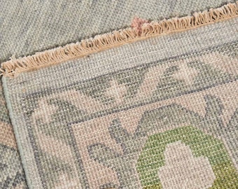 Hand-Knotted Oushak Rug in Light Blue, Cream & Green | Soft Wool Area Rug | Traditional Turkish Design Rug | Carpet Rug Vintage Oushak Rug