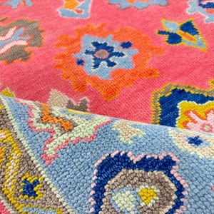 Vintage Oushak Rug 9x12, cute pink Area Rug Ivory Border, Handmade Wool Rug For Bedroom, Contemporary Turkish Rug 8x10 Rug for Living Room