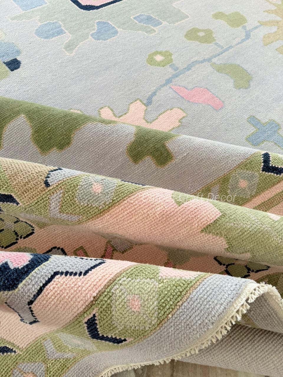 Hand-Knotted Oushak Rug in Pastel Blue, Cream & Green | Soft Wool Area Rug | Traditional Turkish Design Oushak Rug | Vintage Oushak Rug