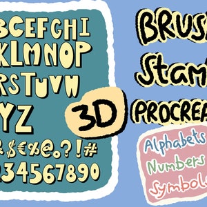 Puede incluir: Una ilustración digital de un alfabeto, números y símbolos de fuente de pincel 3D. La fuente es amarilla con contornos negros y un efecto 3D. El texto "Brush Stamp 3D Procreate" también está incluido en la imagen. La imagen está sobre un fondo azul.