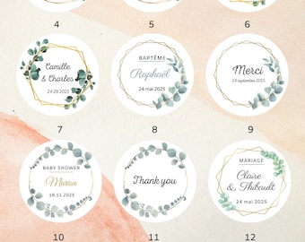 Etiquettes autocollantes personnalisées 6 cm (Mariage, EVJF, Baptême, Anniversaire...)