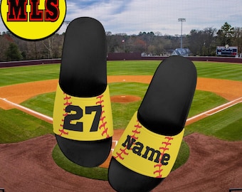 Personalize Customize Softball Kid's Slide Sandals Shoes, personalized softball flip flops, personalized softball slides