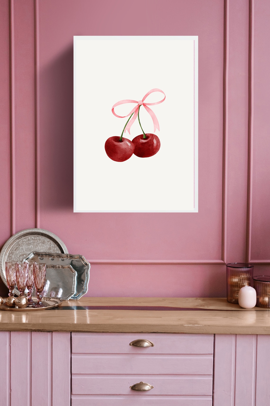 Cherry Room Decor Girly Bow Poster Prints Pink Wall Art (unframed) Soft ...