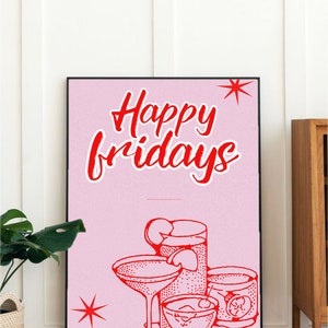 Happy Fridays pastelowy wystrój, nadruk na wózku barowym, akcesoria barowe, estetyka wystroju mieszkania, wystrój, uroczy wystrój akademika, jasnoróżowa sztuka ścienna