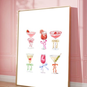 Estampado de cócteles, carrito de bar Coquette, estampados de pared de moda, estampado de vino vintage, arte de pared retro con alcohol, estampados femeninos rosas, estampados de champán