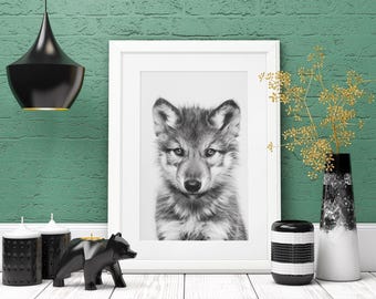 Wolf Pup Print: Black and White Animal Nursery Art (Digital Download)