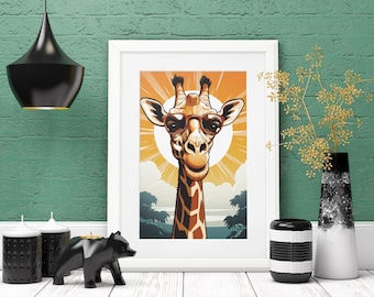 Lámina artística de jirafa divertida: Arte mural colorido de animales (descarga digital)