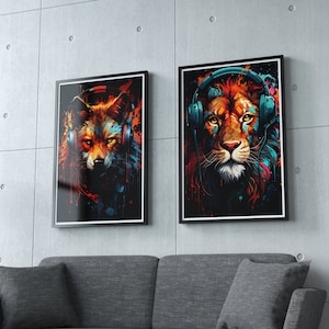 Pop Art print, Lion and Wolf set, Animal prints, digital print, Digital download, printable wall art, Portrait, Wall Art, Home decor,
