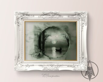 Impresión surrealista de un barco en el lago: arte mural vintage y emotivo (descarga digital)
