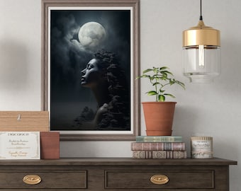 Stampa lunare surreale: paesaggio oscuro, arte murale digitale (download digitale)