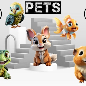Clipart, animaux de compagnie, clipart animaux, 3D, sans arrière-plan, PNG, usage commercial, clipart, album, oeuvre d'art pour chambre d'enfant, autocollants, impressions numériques