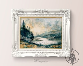 渓谷の風景水彩画：川の風景、自然アート（デジタルダウンロード）