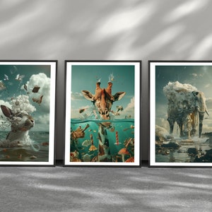 Surreal Animal wall art prints, surreal art print, animal prints, in water prints, set of surreal prints, Surrealist modern art prints, deco