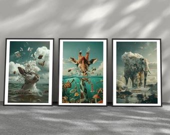 Surreal Animal Prints Set: Rabbit, Giraffe, Elephant (Digital Download)