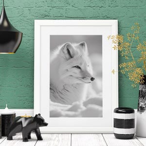 Black and white Arctic fox print, Animal print, minimalistic wall art, Arctic fox print, animal wall art, black and white print, home deco