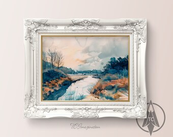 水彩画「谷の風景」プリント：川の風景、自然の壁アート（デジタルダウンロード）