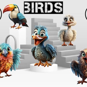 Imágenes prediseñadas, pájaros, imágenes prediseñadas de animales, 3D, sin fondo, PNG, uso comercial, imágenes prediseñadas, álbum de recortes, arte de vivero, pegatinas, impresiones digitales