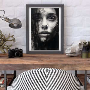 Contemporary Black and White Digital Print Portrait of a Girl Modern Wall Art black and white Minimalist Monochrome Instant Download print
