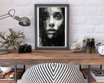 Black and White Portrait Art Print: Minimalist Girl, Modern Wall Decor (Digital Download)