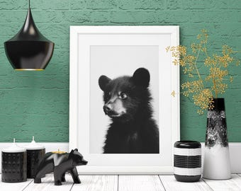 Bear Cub Print: Black and White Animal Nursery Art (Digital Download)