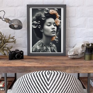 Black and White print, Lady with colored flower print, Portrait(2:3) Digital Download, Digital art, home decor wall art, Digital prints