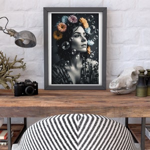 Black and White print, Lady with colored flower print, Portrait(2:3) Digital Download, Digital art, home decor wall art, Digital prints