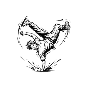 Könnte beinhalten: Schwarz-Weiß-Illustration eines Breakdancers, der einen Handstand macht. Der Tänzer trägt ein T-Shirt, eine Hose und Turnschuhe. Das Bild hat eine dynamische, energiegeladene Ausstrahlung, mit spritzartigen Linien um den Tänzer.