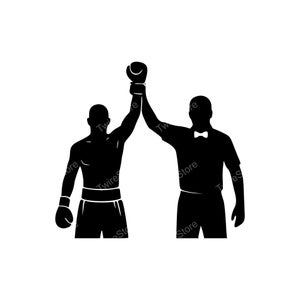 May include: A black silhouette graphic showing a boxer wearing shorts and gloves with one arm raised in victory, held by a referee wearing a shirt with a bow tie. The repeated text Twire Store is visible across the entire image.