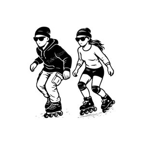 Puede incluir: Ilustración en blanco y negro de dos personas patinando sobre ruedas. Una persona lleva una sudadera con capucha negra, gafas de sol y un gorro. La otra persona lleva una camisa de manga larga, gafas de sol y un gorro. Ambos llevan patines y protecciones.