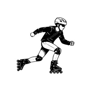 May include: A monochrome illustration of a person inline skating. The skater is wearing a helmet, sunglasses, knee pads, and roller skates. The figure is depicted in motion, with one leg forward and arms pumping.