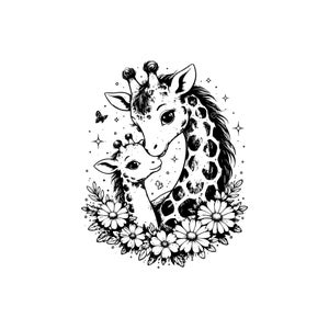 May include: Black and white illustration of two giraffes, one adult and one juvenile, in an embrace. The giraffes are surrounded by daisies and a butterfly. The image has a whimsical, loving theme.