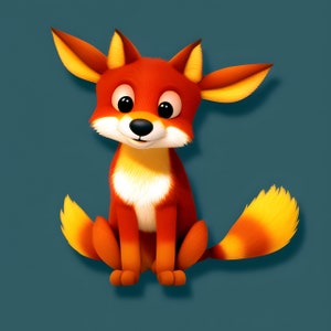 May include: A cartoon fox with orange fur, a white chest, and a yellow tail. The fox is sitting with its legs crossed and its ears perked up.