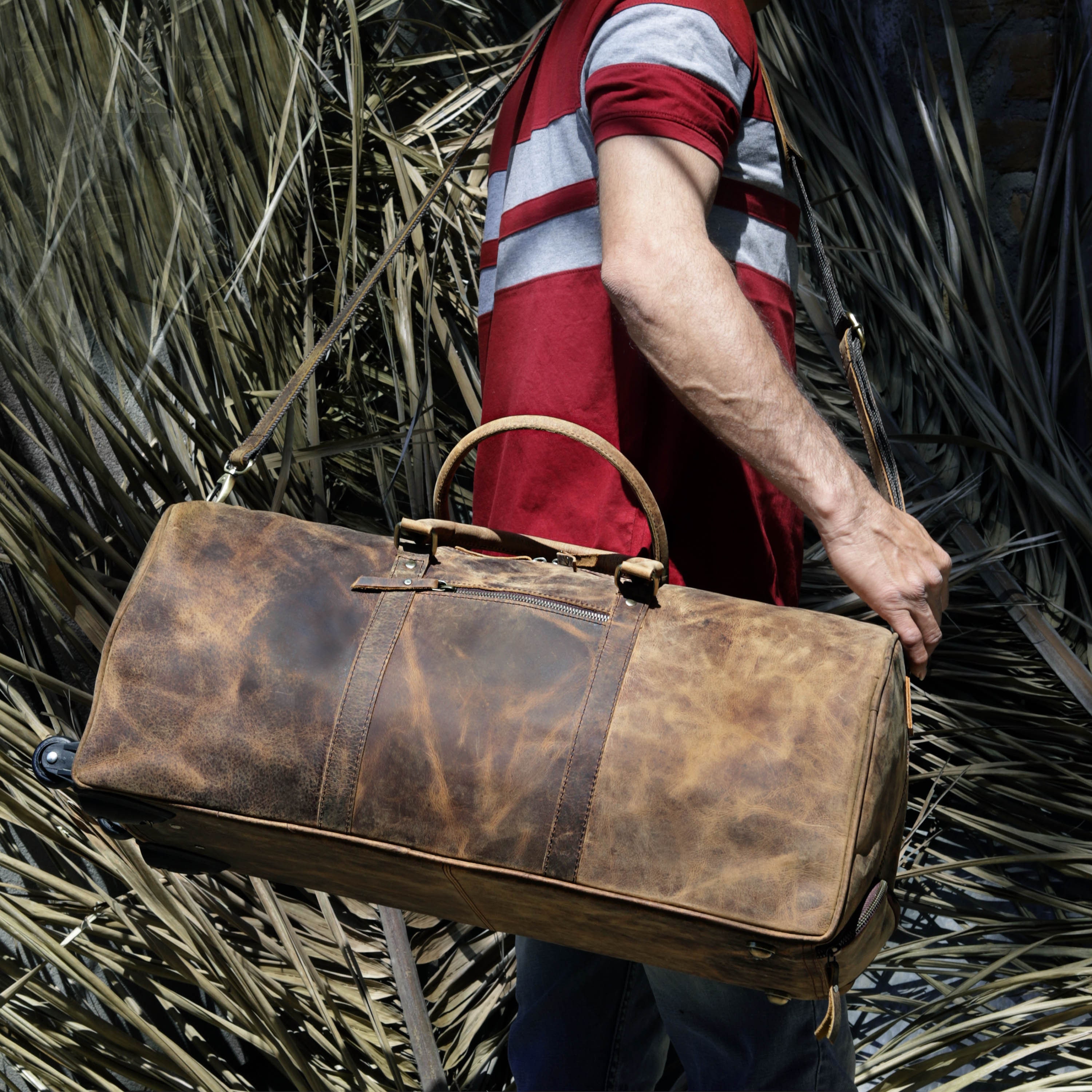 Leather Duffle Bag on Wheels Genuine Leather Weekender Bag Etsy