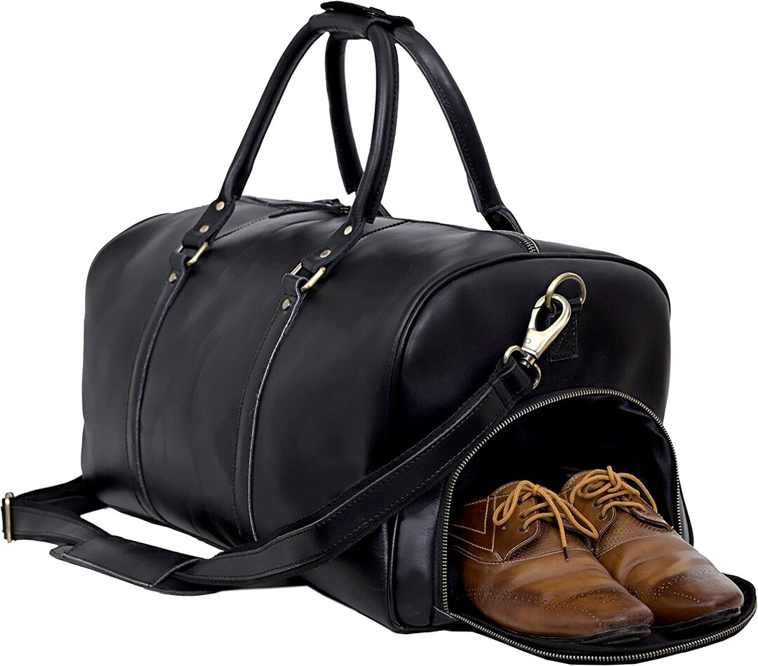 Personalized Leather Duffle Bag With Shoe Compartment Large Weekend Bag