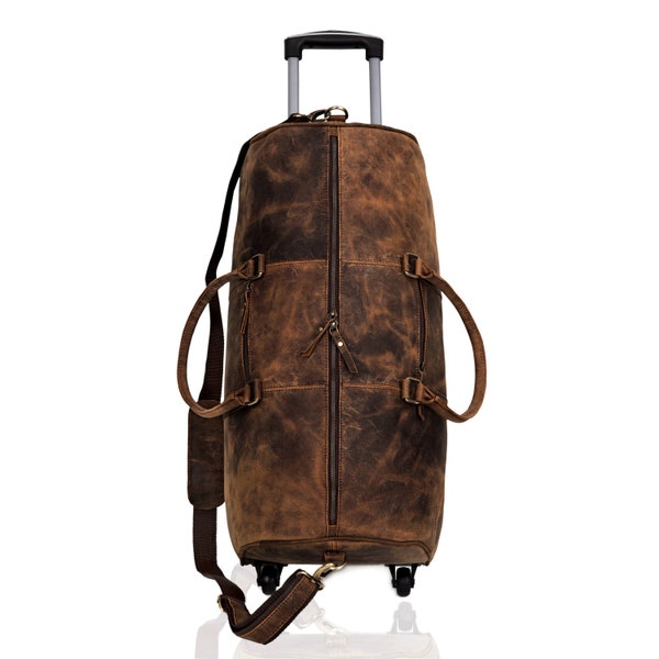 Sac de voyage en cuir pour homme et femme, 24 pouces, sac de sport de voyage pour la nuit le week-end avec roues pour un transport facile