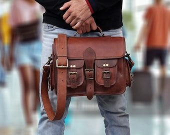 Kleine lederen messengertas, heren schoudertas, lederen reistas, terug naar school cadeau voor hem, cross-body tas voor mannen vrouwen verjaardagscadeau