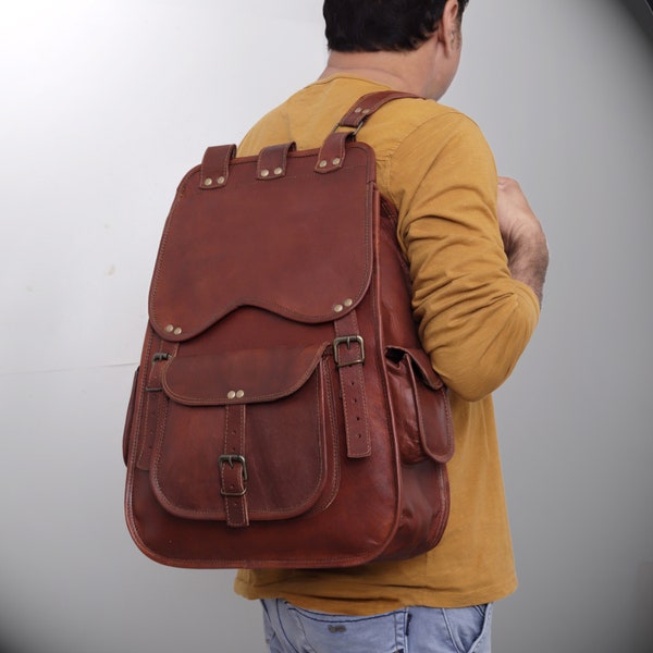 Travel Backpack, Leather Daypack, Crazy Horse Leather Brown Backpack, Unisex Rucksack, Backpack for Men, Woman Camping Backpack, gift him
