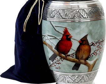 Beautiful Cardinal Couple Bird Cremation Large Urn for Human Ashes - Handcrafted - Affordable Urn for Ashes, Funeral Urn, Decorative Urn