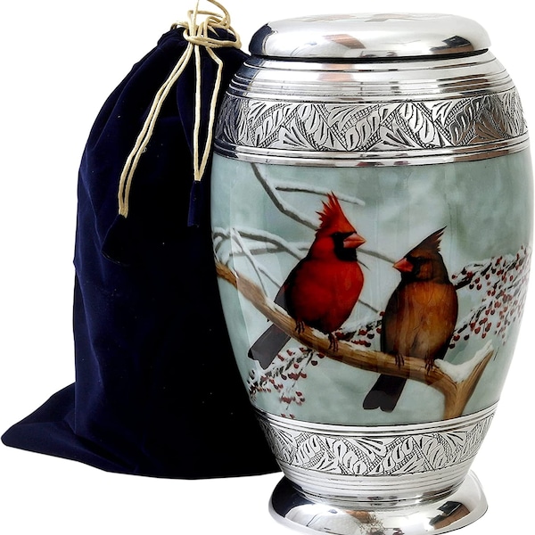 Beautiful Cardinal Couple Bird Cremation Large Urn for Human Ashes - Handcrafted - Affordable Urn for Ashes, Funeral Urn, Decorative Urn