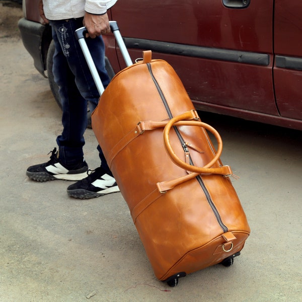 Borsone in pelle con monogramma su ruote / Borsone da viaggio trolley in pelle fatto a mano / Borsone in pelle / Borsa weekender in pelle Regalo per lui