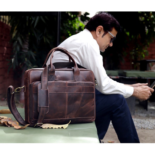 Handmade Leather Laptop Briefcase, Personalized Leather Messenger Bag, MacBook Leather Bag, Shoulder Bag, Handbag for men & women Office Bag