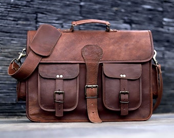 18 Zoll große Retro Vollnarben Echtleder Laptop Messenger Bag Umhängetasche Bürotasche Aktentasche College Tasche Geschenk für Männer für Frauen