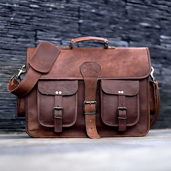 18 inch Large Retro full grain genuine Hunter Leather Laptop Messenger Bag Satchel Bag Office Briefcase College bag gift for men for women