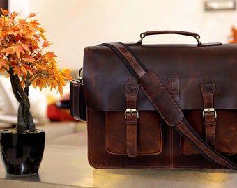 Handmade Full Grain Leather Briefcase Leather Messenger Bag Leather Laptop Bag Satchel Bag Crossbody Shoulder Bag Personalized Leather Bag