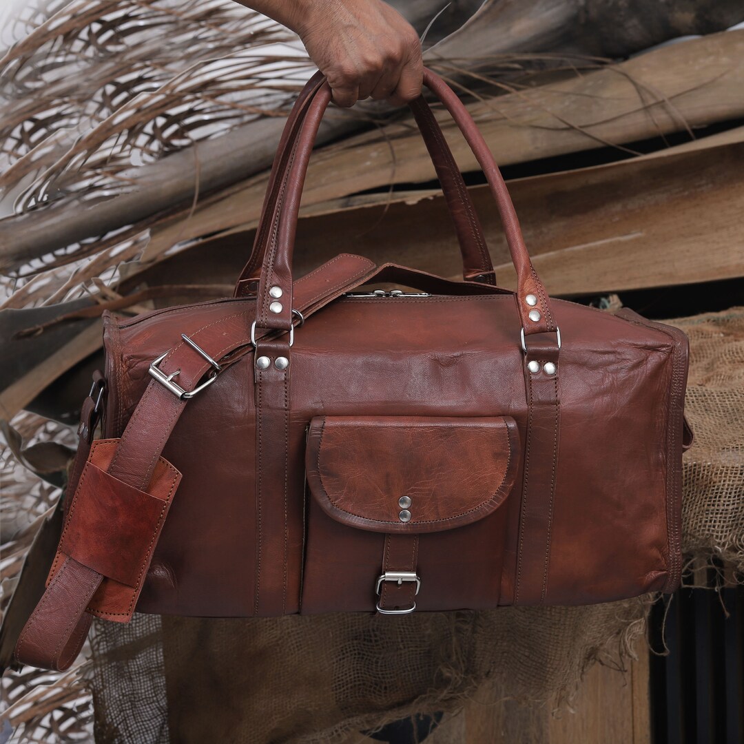 Small Leather Duffle Bag, 18 Inch Handmade Leather Weekender Gym Bag