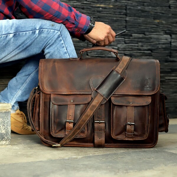 Buffalo Leather Laptop Messenger Bag Vintage 18 Inch Briefcase Satchel Bag School College Bag for Men and Women Gift for him Office Bag