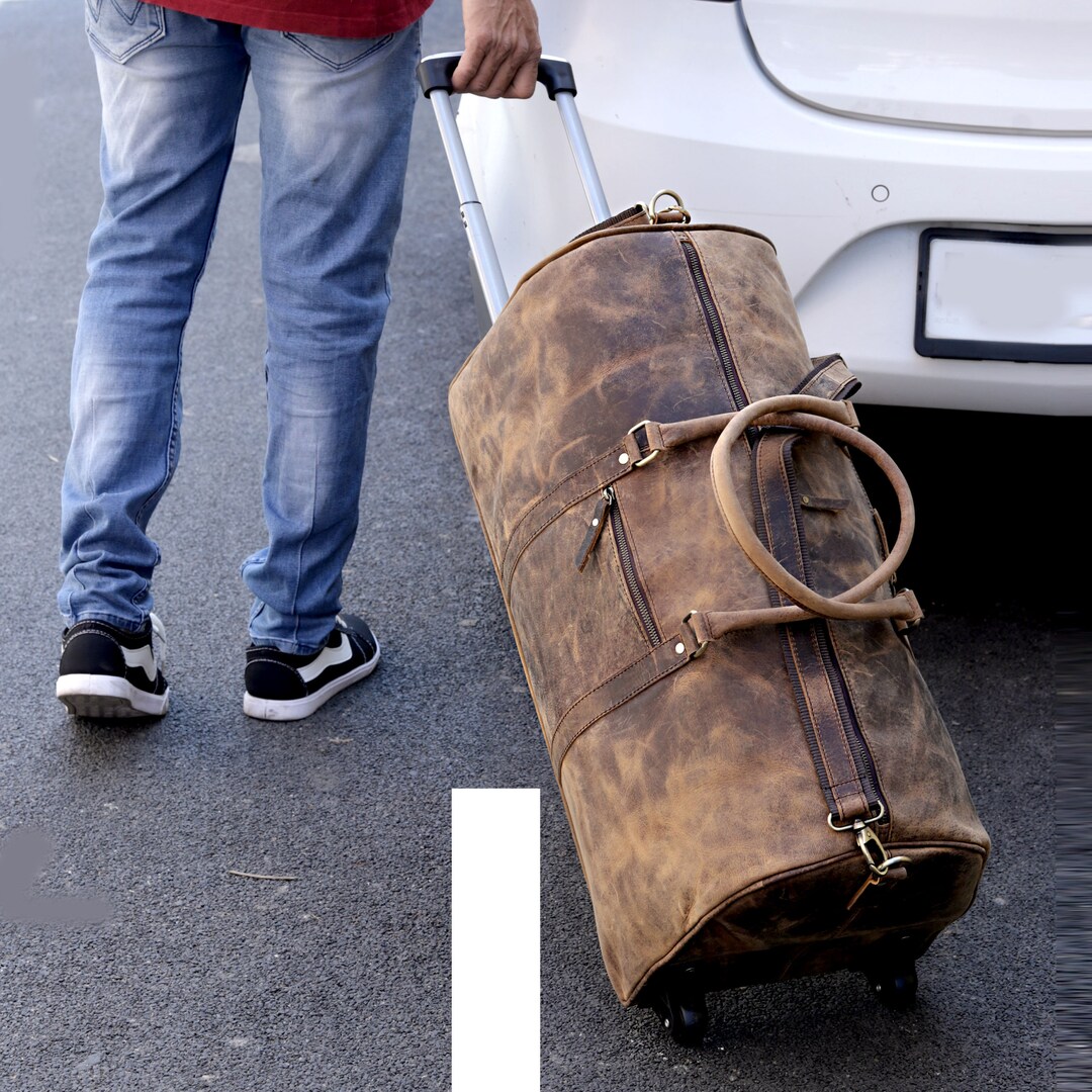 Leather Duffle Bag on Wheels Overnight Bag Men Genuine Leather