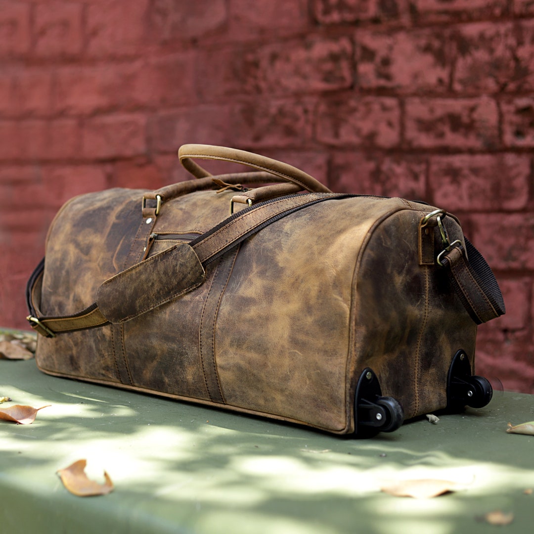 Leather Duffle Bag on Wheels Genuine Leather Weekender Bag Leather