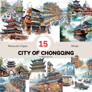 Colección de 15 imágenes prediseñadas de acuarela del paisaje urbano de Chongqing / Imágenes prediseñadas PNG de China / Diseños de acuarela urbana sobre fondo transparente